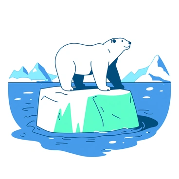 A white polar bear stands proudly on a large floating iceberg in the Arctic. The iceberg is jagged and has shades of teal reflecting off its surface. Surrounding the iceberg, the ocean water is a deep blue with small waves gently lapping against the ice. In the background, there are distant snow-capped mountains under a clear sky. The polar bear gazes into the distance, its fur appearing soft and fluffy against the stark white of the iceberg.