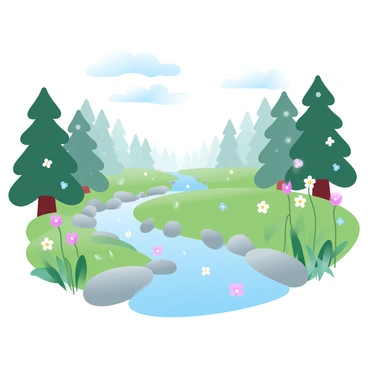 A meadow is surrounded by tall trees within a forest. Various wildflowers in vibrant colors are scattered throughout the grass. A gentle stream winds through the meadow, with clear water reflecting the colors of the wildflowers. Smooth stones line the banks of the stream, and soft grass is visible near the water's edge. Sunlight filters through the leaves, casting dappled light onto the scene.
