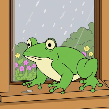 A large, green bullfrog with prominent bulging eyes is perched on the edge of a wooden windowsill. The frog's skin is glossy from the raindrops, and its smooth surface reflects the soft light from outside. The window glass is slightly fogged, with beads of water trickling down, creating a cozy atmosphere. Outside the window, gentle raindrops are falling from a gray sky, and a few small puddles have formed on the green grass below. The scene captures the frog's curiosity as it looks intently through the window, surrounded by a lush garden filled with vibrant flowers and foliage.
