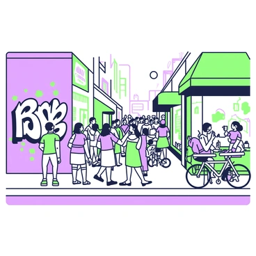 A lively urban street scene filled with a diverse crowd of people engaged in various activities. To the left, a large wall is adorned with intricate graffiti art featuring abstract designs and colorful characters. In the foreground, a group of people is gathered, some chatting animatedly while others are taking pictures of the artwork. An outdoor café is visible on the right side, with tables and chairs occupied by patrons enjoying their drinks. Along the street, various shop windows display vibrant merchandise, and a cyclist is passing by, weaving through the crowd. The overall atmosphere conveys a sense of energy and community.