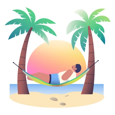 A 3D human figure with a relaxed posture is lying on a hammock suspended between two tall palm trees. The figure has a light tan skin tone and is wearing a casual, short-sleeve white shirt and blue shorts. The hammock is woven with vibrant colors, including shades of green and yellow. In the background, there are gently swaying palm trees with lush green fronds. The sky is filled with a colorful sunset, displaying hues of orange, pink, and purple, creating a warm atmosphere over the beach scene. The sandy beach is in the foreground, with small footprints leading toward the water's edge.