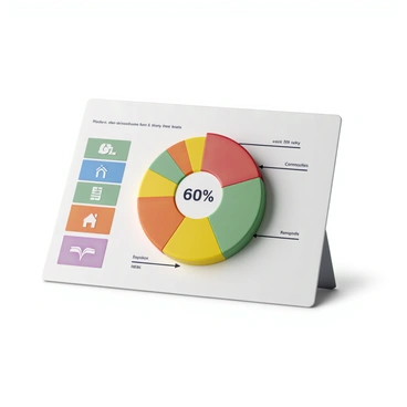 A graphic displaying a well-diversified investment portfolio featuring a variety of asset types. The composition includes sections for stocks, bonds, real estate, and commodities, each represented by distinct colors and symbols. A large pie chart is prominently featured in the center, showcasing the percentage distribution of each asset category. The pie chart has clear labels next to each segment indicating the type of asset and its corresponding value. The overall layout is clean and organized, making it easy to interpret the data.