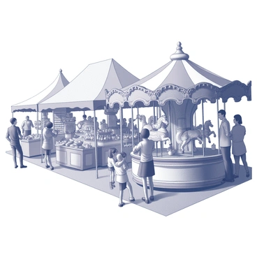 A bustling outdoor market scene filled with various stalls displaying an array of goods. Each stall features colorful awnings and is stocked with fruits, vegetables, handmade crafts, and local delicacies. In the center of the market, a vintage carousel stands, adorned with intricately carved horses and a decorative canopy. People of different ages and backgrounds are interacting, shopping, and enjoying the vibrant atmosphere. Children are seen pointing and smiling at the carousel, while vendors engage with customers. The ground is paved, and the overall composition showcases a lively and dynamic environment.