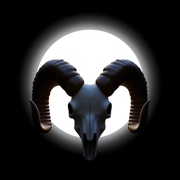A striking silhouette of a ram skull with prominent curved horns set against a full moon backdrop. The skull features intricate textures and details, emphasizing the bony structure. The full moon is large and luminous, casting a soft glow around the edges of the skull. The sky surrounding the moon is deep black, creating a stark contrast that highlights the silhouette of the ram skull.
