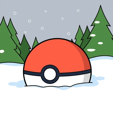 A large pokeball resting on a blanket of soft, white snow. The pokeball is partially buried in the snow, with its red and white colors contrasting against the icy surface. Surrounding the pokeball is a winter landscape filled with tall pine trees, their green needles dusted with fresh snow. The ground is covered in a thick layer of fluffy snow, and a few snowflakes gently fall from the gray sky above, creating a serene winter scene. In the background, more pine trees create a forested area, enhancing the feeling of winter in this tranquil setting.