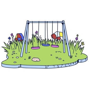 A deserted playground featuring rusty swings that hang limply from weathered metal frames. The swings are painted in faded primary colors, with chipped paint. Surrounding the playground is tall, overgrown grass that sways gently in the breeze. In the background, there are dilapidated slides and a cracked seesaw, both covered in patches of rust. The ground is uneven, with scattered pebbles and patches of dirt peeking through the grass. A few wildflowers bloom sporadically among the weeds, hinting at nature's encroachment on the abandoned space.