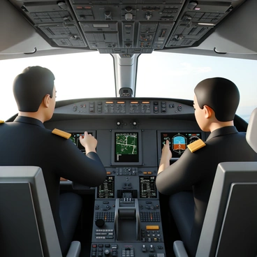 A detailed view of a plane's cockpit with pilots at the controls