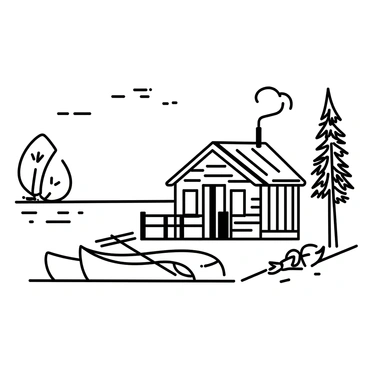 A rustic cabin made of weathered wood is situated beside a calm lake. The cabin has a sloped roof with a chimney, and a small porch with a wooden railing. Next to the cabin, there is a wooden dock extending over the water. A canoe is tied to the dock, resting gently on the water's surface. Surrounding the lake, there are trees with detailed bark and foliage, creating a natural frame for the scene. The sky above features wispy clouds, casting soft shadows on the cabin and the ground.