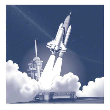 A space shuttle is positioned on a launch pad. The vehicle stands tall with its main engines ignited, producing a bright plume of flames and smoke. The rocket's body is sleek, with visible windows and markings. Surrounding the shuttle is a dark sky filled with countless stars, creating a mesmerizing backdrop. The launch pad is equipped with various support structures, and there are visible clouds of smoke billowing up into the atmosphere as the shuttle rises into the cosmos.