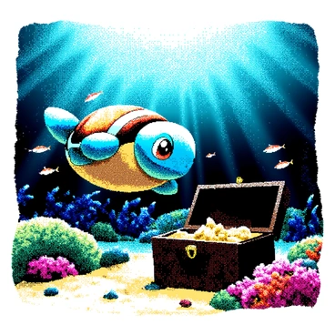 A Squirtle with a round, blue shell and large, bright eyes is swimming through the ocean. It has a curious expression as it approaches a hidden treasure chest resting on the sandy ocean floor. The treasure chest is old and wooden, with intricate designs and a rusty lock. Around the chest, colorful coral and small fish can be seen, creating a vibrant underwater scene. Sunlight filters through the water above, illuminating the chest and highlighting the details of the Squirtle's features.