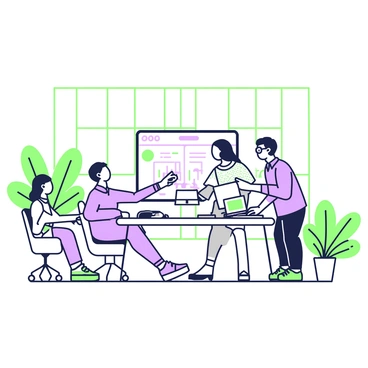 An office workspace bustling with activity during the midpoint of a busy day. In the center, two colleagues are standing at a large, rectangular table, engaged in an animated discussion while pointing at a digital screen that displays a project timeline. One colleague is wearing a blue shirt and glasses, while the other is dressed in a patterned blouse. Around the table, there are various technological devices, including a laptop, a tablet, and a smartphone. In the background, additional colleagues are seated at their desks, focused on their computers. The workspace features green plants in the corners and large windows that allow natural light to pour in, creating a vibrant atmosphere.