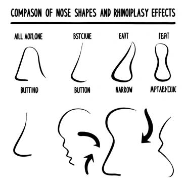 A detailed chart featuring various "nose shapes" labeled distinctly, including "aquiline," "button," "flat," and "narrow." Each shape has corresponding illustrations highlighting the features. Arrows indicate the potential changes after "rhinoplasty," with illustrations showing the before and after effects next to each shape. The chart includes a title "Comparison of Nose Shapes and Rhinoplasty Effects" at the top, with a clean layout ensuring clarity in presentation.