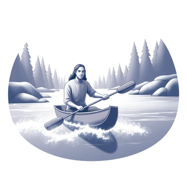 A man with long, dark hair is skillfully navigating a small boat across a wide and rushing river. He is focused, holding the boat's paddle firmly with both hands as he steers through the swift currents. The riverbanks are lined with trees and rocky outcrops, creating a contrasting backdrop. The water splashes around the boat, indicating the force of the river's flow. The man's expression shows determination and concentration as he maneuvers through the challenging waters.