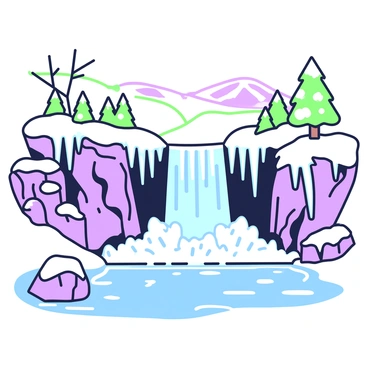 A majestic waterfall is frozen in mid-flow during winter. The waterfall cascades down a rocky cliff, with large icicles hanging from the edges. Surrounding the waterfall are snow-covered rocks and trees, their branches heavily laden with snow. The water below is partially frozen, creating a smooth surface that reflects the icy blue hues. In the background, a snow-covered landscape stretches into the distance, with soft hills and a clear sky.