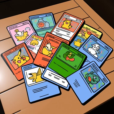 A colorful display of various Pokémon cards laid out on a wooden table. The cards feature different sizes and designs, including some with holographic effects. The table surface has a natural wood grain texture. The cards are arranged in an overlapping manner, showcasing characters like Pikachu, Charizard, and Bulbasaur. Each card has vibrant colors and intricate artwork, highlighting their unique features. Sunlight is illuminating the scene, enhancing the colors of the cards.