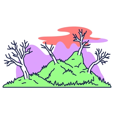 A landscape featuring twisted trees with gnarled branches reaching towards the sky. The trees are scattered across a series of crooked hills, each hill varying in height and shape. The ground is uneven and dotted with patches of grass. Above the scene, a vibrant sky spans across the horizon, with various shades of red blending together. The overall composition creates a dramatic and unique setting.