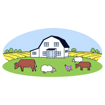 A picturesque farmhouse with a sloped roof and a front porch. The farmhouse is painted white and surrounded by green grass. In the foreground, there are several farm animals, including a brown cow grazing, a few sheep with fluffy white wool, and a couple of chickens pecking at the ground. In the background, golden fields of wheat stretch out under a clear blue sky, with a few distant trees lining the horizon.