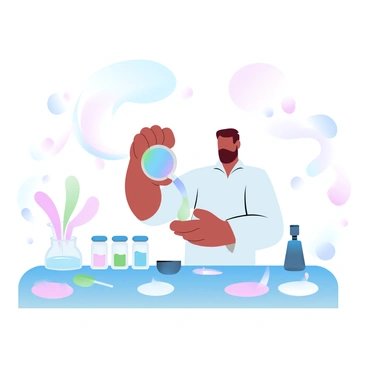 A chef in a white coat is standing behind a sleek countertop filled with various ingredients and tools. The chef is carefully pouring a colorful liquid into a spherical mold, creating a vibrant sphere. On the countertop, there are several small jars filled with bright, molecular ingredients, like foams and powders, creating a spectrum of colors. Surrounding the chef is an array of meticulously arranged garnishes and sauces, adding to the visual appeal of the dish. Above the scene, a few bubbles and wisps of smoke rise, enhancing the dynamic atmosphere of the culinary creation process.