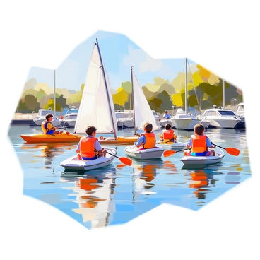 Children learning to sail small boats in a safe area of the harbour.
