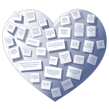 A large heart shape composed entirely of smaller pieces of paper or card. Each piece contains a distinct "inspirational quote" prominently displayed in the center. The quotes vary in length and style, showcasing a range of thoughtful messages. Each quote is labeled with "the author's name" or "source" positioned below the text, enhancing the visual organization. The heart shape is well-defined, and there are numerous quotes arranged closely together to fill the entire area, creating a sense of unity and coherence among the words.