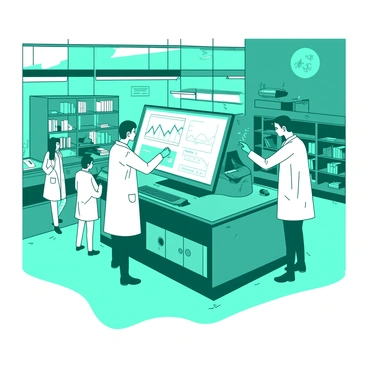 A teal lab with bright, futuristic lighting has a large, advanced quantum computer positioned prominently at its center. Surrounding the computer are several scientists in white lab coats, focusing on their work. Two scientists are examining data on a white screen that displays complex graphs. Another scientist is adjusting a control panel on the quantum computer. The lab features shelves filled with scientific equipment and books, creating an atmosphere of innovation and research.
