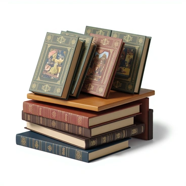 A collection of classic literature books arranged on a wooden shelf. Each book features ornate and intricate cover illustrations, showcasing various colors and designs. The covers depict classic scenes and motifs, with golden embossing and detailed patterns embellishing the edges. The books are stacked in a pleasing arrangement, some standing upright while others lie flat, highlighting their artistic covers. The background is softly illuminated to enhance the ornate details of each book cover.