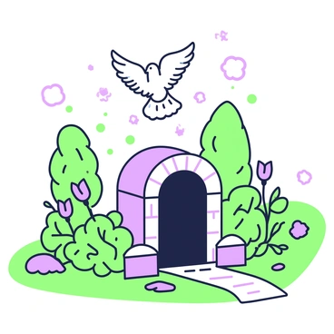 A tranquil garden is filled with blooming flowers and lush greenery. In the center, there is an empty tomb made of stone with an arched entrance. Above the tomb, several doves are flying out, their wings outstretched against the sky. The doves are depicted with detailed feathers, showing motion as they ascend. Surrounding the tomb, there are small shrubs and a pathway made of smooth stones that leads through the garden, adding to the peaceful ambiance. The sunlight filters through the leaves, casting gentle shadows on the ground.