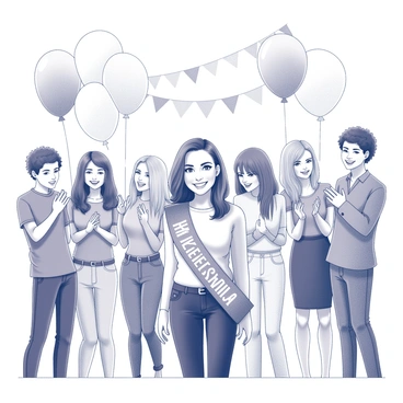 A young woman, "Bella Swan," is standing in a lively setting filled with colorful balloons. She is wearing a decorative sash that reads "Homecoming" across her chest. Surrounding her are several friends, all smiling and engaging in a joyful celebration. The group is positioned in a way that showcases their excitement, with some friends holding additional balloons and others clapping or cheering. In the background, there are festive decorations that enhance the celebratory atmosphere.