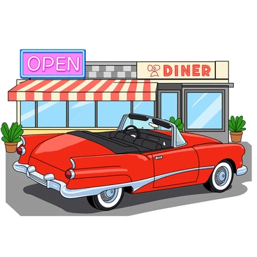 A stylish convertible car parked in front of a retro diner with neon signs glowing