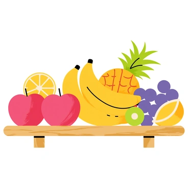 An assortment of colorful fruits arranged neatly on a wooden table. The display includes bright red apples, vibrant yellow bananas, and deep purple grapes. There are also slices of orange and lemon, showcasing their juicy interiors. A few green kiwi and a pineapple add to the diversity of textures and colors. The wooden table has a rustic finish, contrasting beautifully with the lively colors of the fruits.