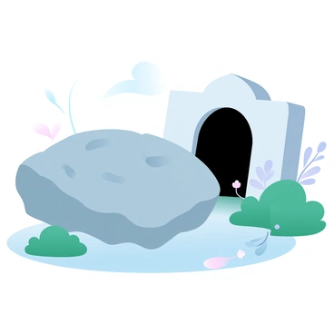 A massive stone is positioned on the ground, having rolled away from an empty tomb. The stone has a rough texture, showcasing its natural surface with various shades of gray. Soft shadows fall across the stone, creating a gentle contrast on its surface. The tomb is set in a hillside, with its dark entrance visible behind the stone. Surrounding the area is lush greenery, with delicate leaves and small flowers gently swaying in a light breeze. The scene conveys a sense of quiet and stillness.