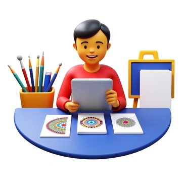 An artist presenting their digital portfolio on a tablet. The tablet displays colorful "Seneca-inspired illustrations" featuring intricate patterns and vibrant hues. The artist, a young individual with short black hair, is seated at a modern table, viewing the tablet with an expression of pride. The background includes various art supplies like paintbrushes and sketchbooks, emphasizing the artistic environment. Bright light illuminates the scene, enhancing the vividness of the illustrations on the tablet.
