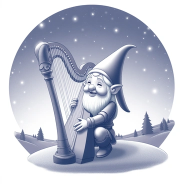 A small dwarf with intricate features is seated on a grassy knoll, gracefully playing a harp. The dwarf has a long, flowing beard that frames a joyful expression. The harp is ornate, with delicate carvings and embellishments. Above, a starlit sky is filled with countless stars shining brightly, casting a soft glow on the scene. The surrounding landscape is dotted with gentle hills and trees, creating a serene atmosphere that complements the music. The dwarf's fingers dance over the strings, producing melodious sounds that seem to blend with the tranquility of the night.