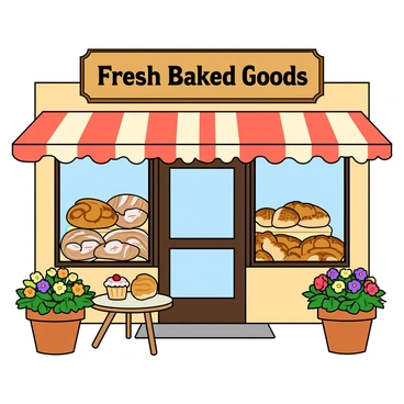 A quaint bakery front with a charming wooden sign above the door that reads "Fresh Baked Goods" in an inviting font. The large glass windows showcase a selection of delicious pastries and bread, including croissants, muffins, and loaves of artisan bread. A small wooden table outside holds a few colorful cupcakes topped with frosting. Flower pots with vibrant flowers are placed on either side of the door. The bakery's exterior is painted in warm pastel colors, and a striped awning provides shade over the entrance.