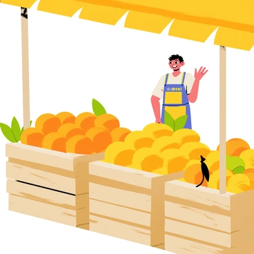 A market stall bustling with activity, showcasing a vibrant display of fresh citrons and various citrus fruits. The stall is adorned with wooden crates filled with bright yellow citrons, alongside oranges, lemons, and limes in shades of orange, yellow, and green. A cheerful vendor is standing behind the stall, wearing a colorful apron, engaged in conversation with customers. Sunlight filters through the canopy above, casting light on the fruits and creating a lively atmosphere filled with the rich aromas of citrus.