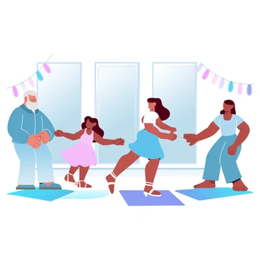 A diverse group of individuals of various ages is participating in a dance class. The participants include an elderly man wearing comfortable clothing, a young girl in a bright dress, and a middle-aged woman in dance attire. They are engaged in learning a traditional dance, moving in unison to the rhythm. The room is filled with mirrors reflecting their movements, and vibrant mats cover the floor. Colorful decorations hang from the walls, enhancing the atmosphere of the dance class.
