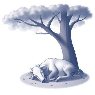 A two-headed calf is peacefully sleeping on the ground beneath a large tree. The tree has a thick trunk and sprawling branches that create intricate patterns against the nighttime sky. The ground is covered in soft grass, and there are a few scattered leaves. The scene is illuminated by a gentle light, suggesting a serene and calm atmosphere. The calf, with its two heads close together, appears comfortable and at ease in this tranquil setting.