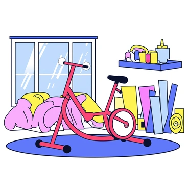 A vintage exercise bike in a 1980s inspired home gym setting