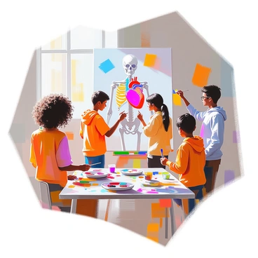A diverse group of students is gathered around a large wall mural depicting the human body. Each student is engaged in painting different parts of the mural, showcasing their individual skills. One student with curly hair is carefully detailing the heart, while another with glasses is working on the skeletal system. A third student is mixing colors in a palette, preparing paint for the muscles. They are using brushes of various sizes, and there are paint splatters on the floor beneath them. The classroom is bright, with sunlight streaming in through the windows, illuminating their focused expressions as they collaborate on this artistic project.