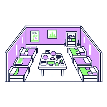 A miniature toy soldier barracks is displayed, featuring a series of tiny beds lined up against the walls. Each bed is carefully made with small green and purple blankets. At the center of the barracks, there are miniature tables showcasing an assortment of tiny equipment such as helmets, rifles, and canteens, all neatly organized. The walls are adorned with miniature posters depicting soldier training, and small shelves hold additional supplies, maintaining a tidy and orderly environment.