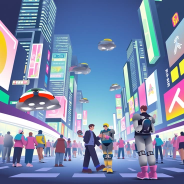 A vibrant neon-lit city at night is filled with towering skyscrapers that have glowing lights in shades of blue, pink, and green. The streets below are bustling with activity, featuring futuristic technology such as floating vehicles and digital advertisements. Robotic figures of various designs, some humanoid and others more abstract, are interacting with the environment. One robot, with sleek metallic surfaces, is assisting a passerby, while another, with articulated limbs, is navigating through the crowd. The overall atmosphere is dynamic and lively, showcasing the fusion of advanced technology and urban life.