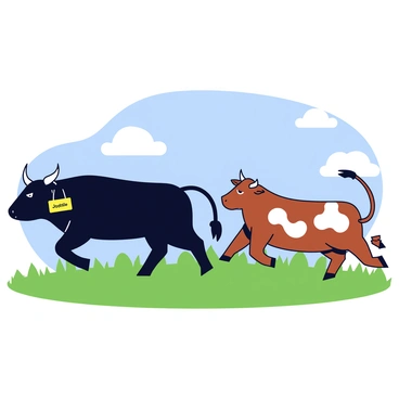 Two bulls are charging in a grassy field. The first bull on the left is labeled with a name tag that reads "Double." It has a glossy black coat and strong muscles. The second bull on the right has a name tag that says "Jeopardy." This bull has a brown coat with white patches and fierce eyes. The bulls are positioned in an action pose, showing their strength and power. The background features a clear blue sky and a few scattered clouds, with tall grass swaying around them.