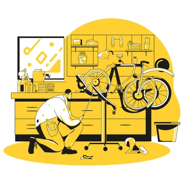 A bicycle mechanic is crouching down, focused on a bike positioned on a repair stand. The mechanic is wearing an apron with various pockets filled with tools. There are wrenches, screwdrivers, and a tire pump scattered around on a workbench nearby. The shop features a wall lined with various bike parts and accessories. Sunlight streams through a window, illuminating the workshop's organized chaos.