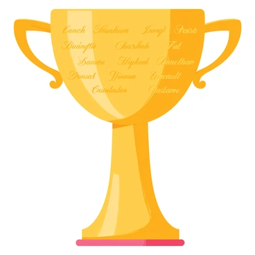 A shiny golden champion cup with intricate engravings on its surface. The cup stands tall on a polished wooden base, reflecting light and showcasing its brilliance. The engraved names of past winners curve elegantly around the cup, each inscription detailed and clearly legible. The handles of the cup are ornate, adding to its grandeur. A soft spotlight highlights the cup, emphasizing its shine and the legacy it represents.