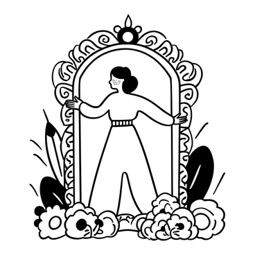 A bride standing in front of an ornate mirror, with her hands gently placed on the edge of the mirror. Her face is adorned with haldi, creating a soft glow. The mirror reflects intricate patterns from the frame, adding depth to the scene. There are colorful decorative elements surrounding the bride, including traditional floral arrangements and fabric drapes. The setting is filled with a sense of celebration and anticipation.