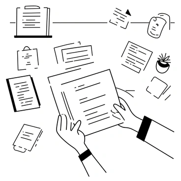 A pair of hands is holding a stack of resumes, examining the documents closely. The fingers are visible, one hand flipping through the pages while the other supports the stack. The desk is cluttered with various office supplies, including an open notebook, a pen, and a small plant. In the background, a computer screen can be partially seen, displaying additional documents. Papers are scattered around, adding to the busy atmosphere of the workspace.