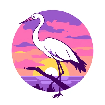 A white cigogne is standing on one leg, perched gracefully on a thin branch. The background features a vibrant sunset with hues blending into each other. The silhouette of the cigogne is defined against the brilliant colors of the sky, highlighting its long neck and beak. The setting sun casts soft shadows, enhancing the serene posture of the bird.