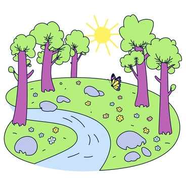 A glade surrounded by tall trees with green leaves. The ground is covered in a carpet of soft grass and small wildflowers in various colors. Sunlight filters through the branches, creating dappled light patterns on the ground. A small, gently flowing stream can be seen on one side of the glade, with smooth stones peeking out from the water. A few butterflies flutter among the flowers, adding life to the serene scene.