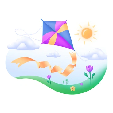 A colorful kite soaring high in the sky, with vibrant hues of red, blue, and yellow. The kite has a long, flowing tail made of paper bills fluttering in the wind. Puffs of white clouds drift around it, and the sun shines brightly, casting a warm glow over the scene. Below the kite, a grassy landscape is visible, dotted with wildflowers, creating a cheerful atmosphere.