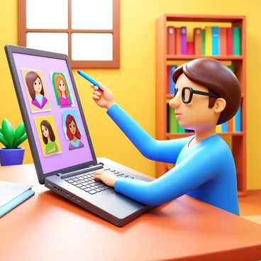 An online instructor sitting at a desk with a laptop open in front of them. The instructor is wearing glasses and has short, dark hair. On the laptop screen, there are colorful student illustrations displayed. The instructor is pointing towards the screen with a pen, providing feedback. A notepad with notes is placed beside the laptop. The background includes a bookshelf filled with art books and a potted plant on the desk. The light in the room is warm and inviting.